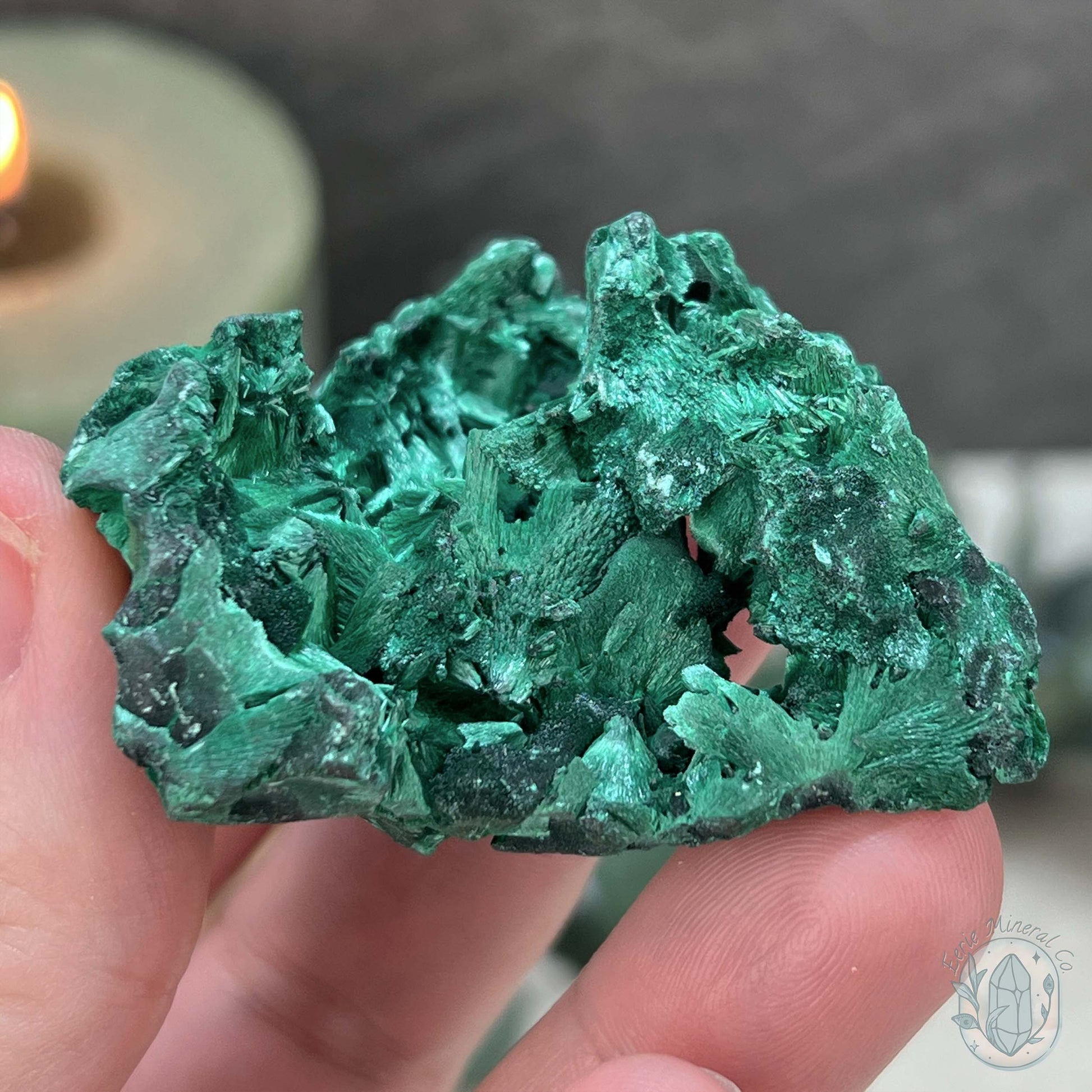 Natural Fibrous Silky Malachite Specimen With Stand