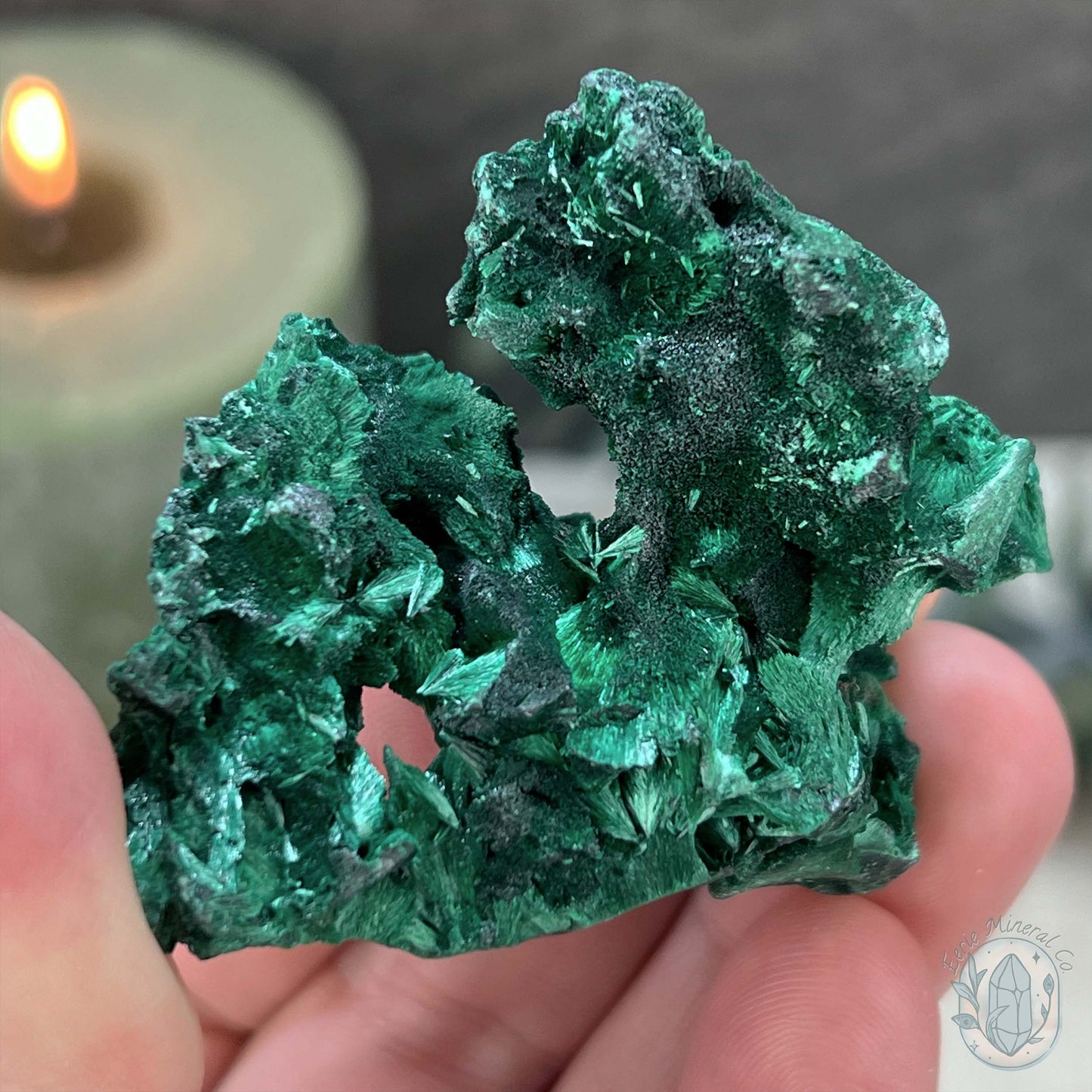 Natural Fibrous Silky Malachite Specimen With Stand