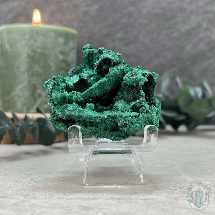 Natural Fibrous Silky Malachite Specimen With Stand