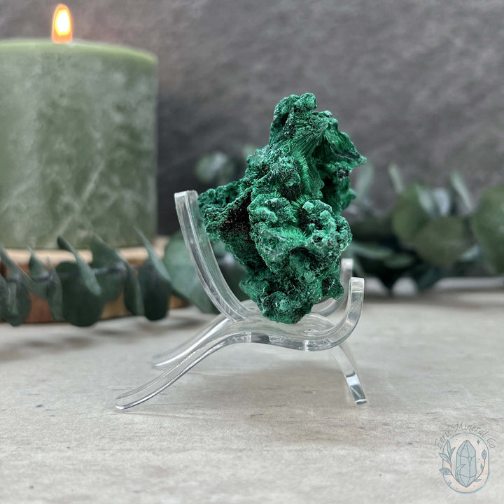 Natural Fibrous Silky Malachite Specimen With Stand