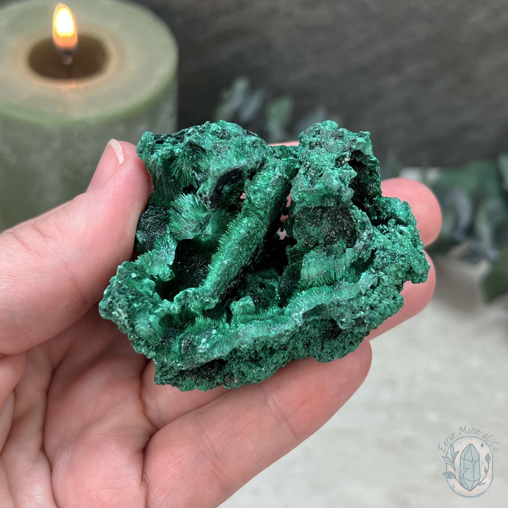 Natural Fibrous Silky Malachite Specimen With Stand