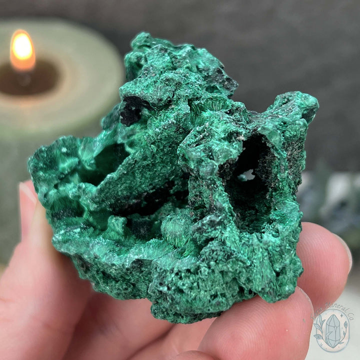 Natural Fibrous Silky Malachite Specimen With Stand