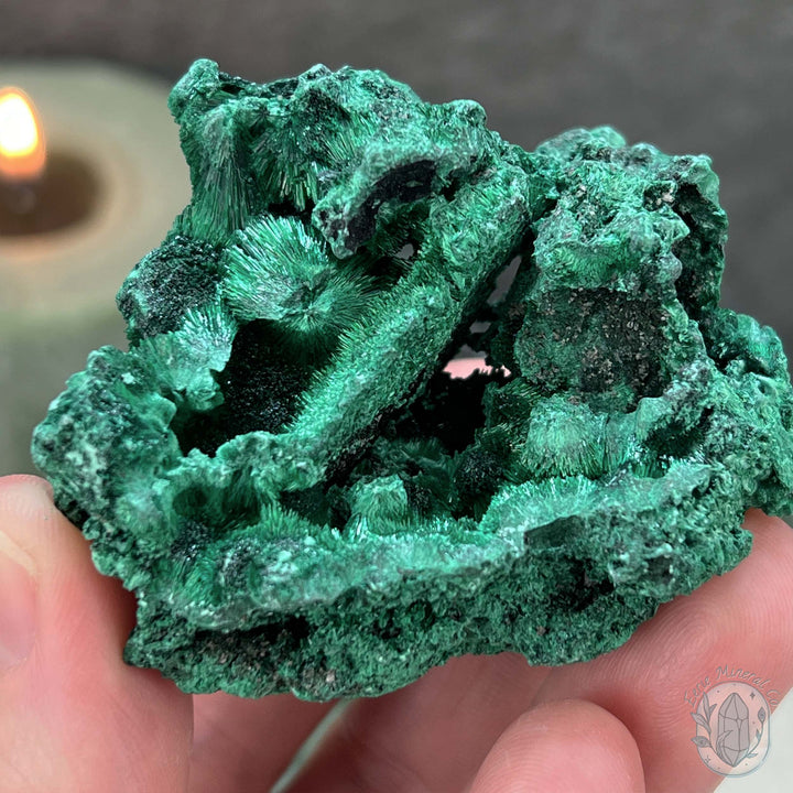 Natural Fibrous Silky Malachite Specimen With Stand