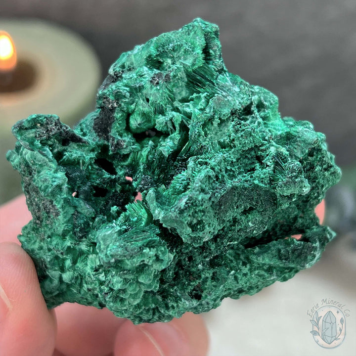 Natural Fibrous Silky Malachite Specimen With Stand