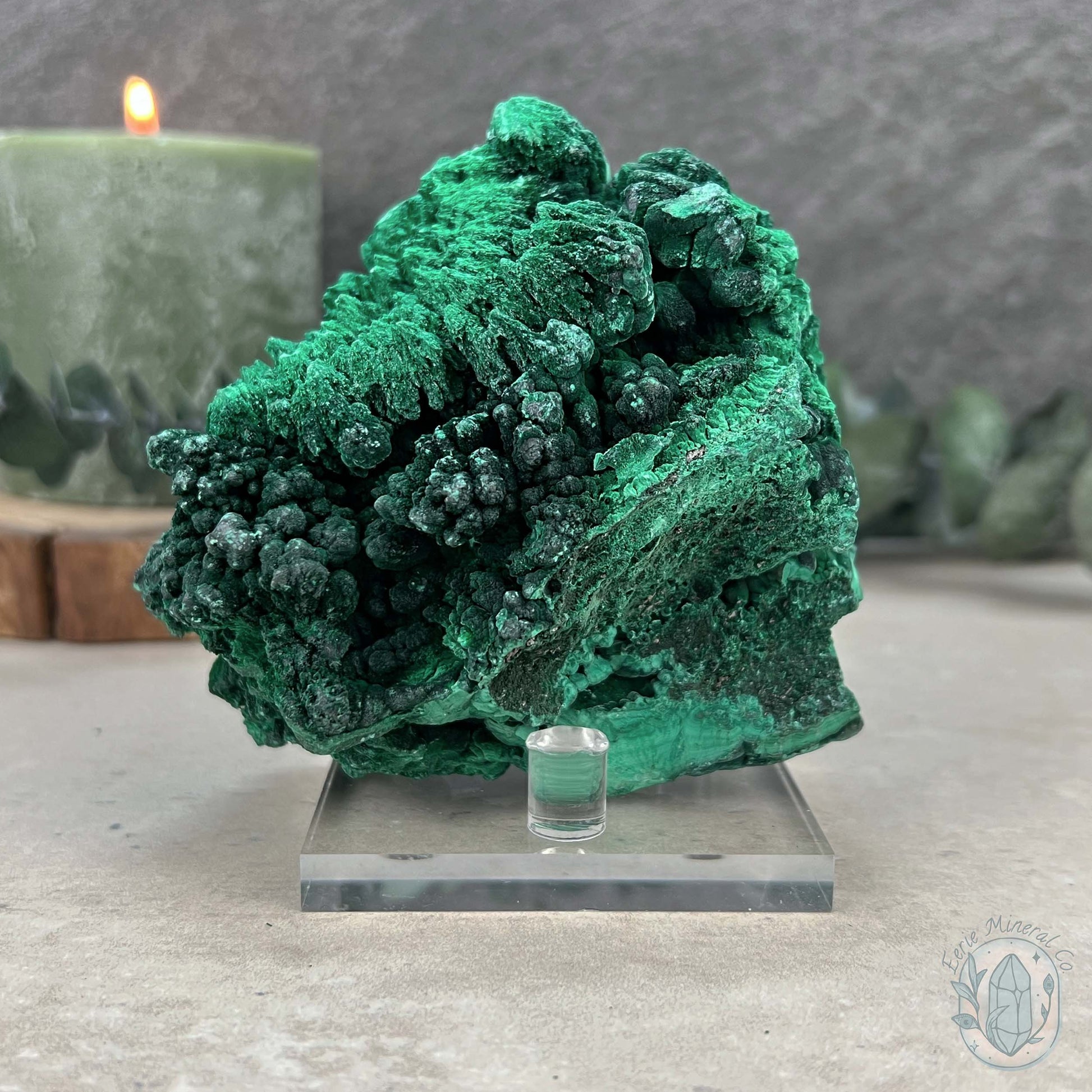 Natural Silky Velvet Malachite Specimen With Stand
