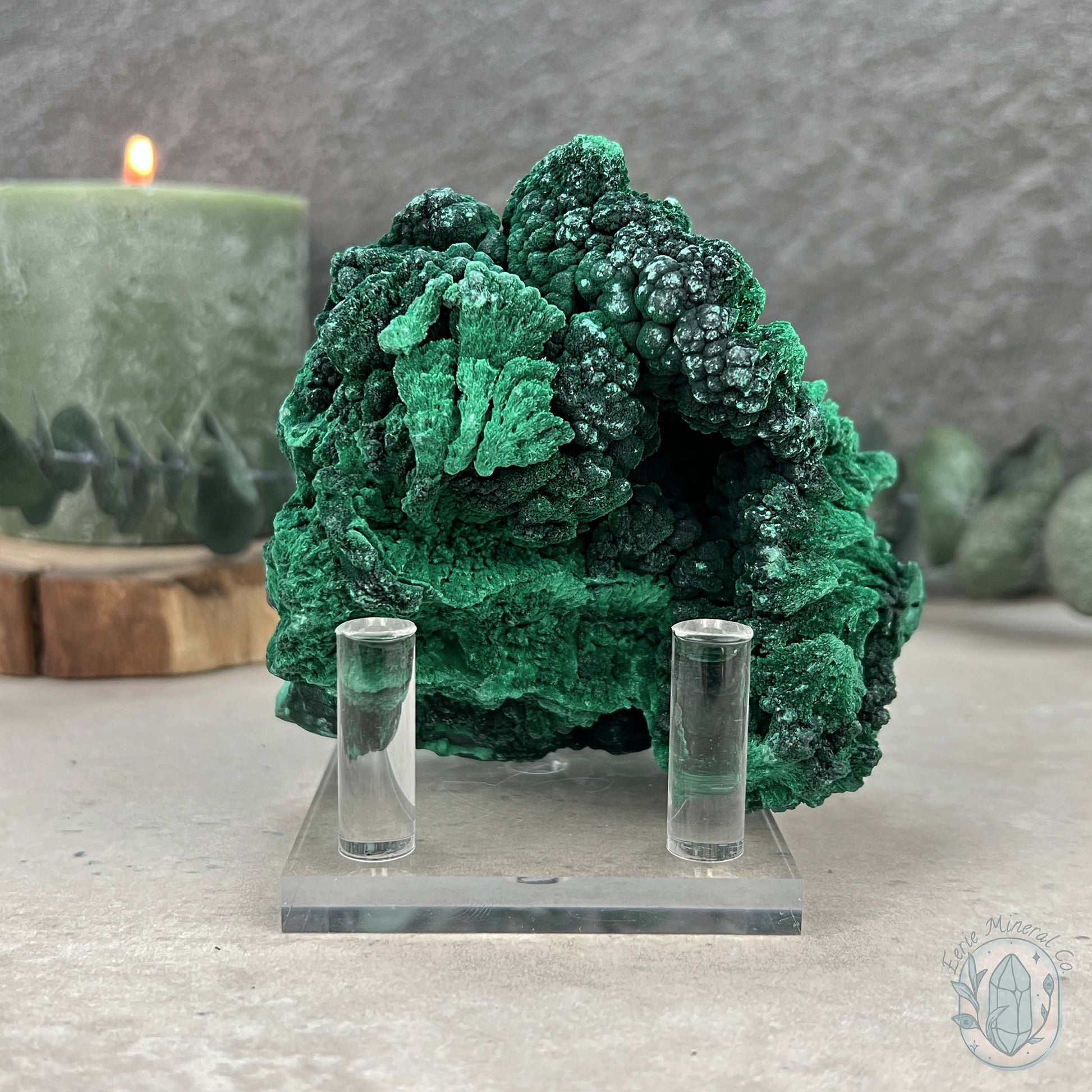 Natural Silky Velvet Malachite Specimen With Stand