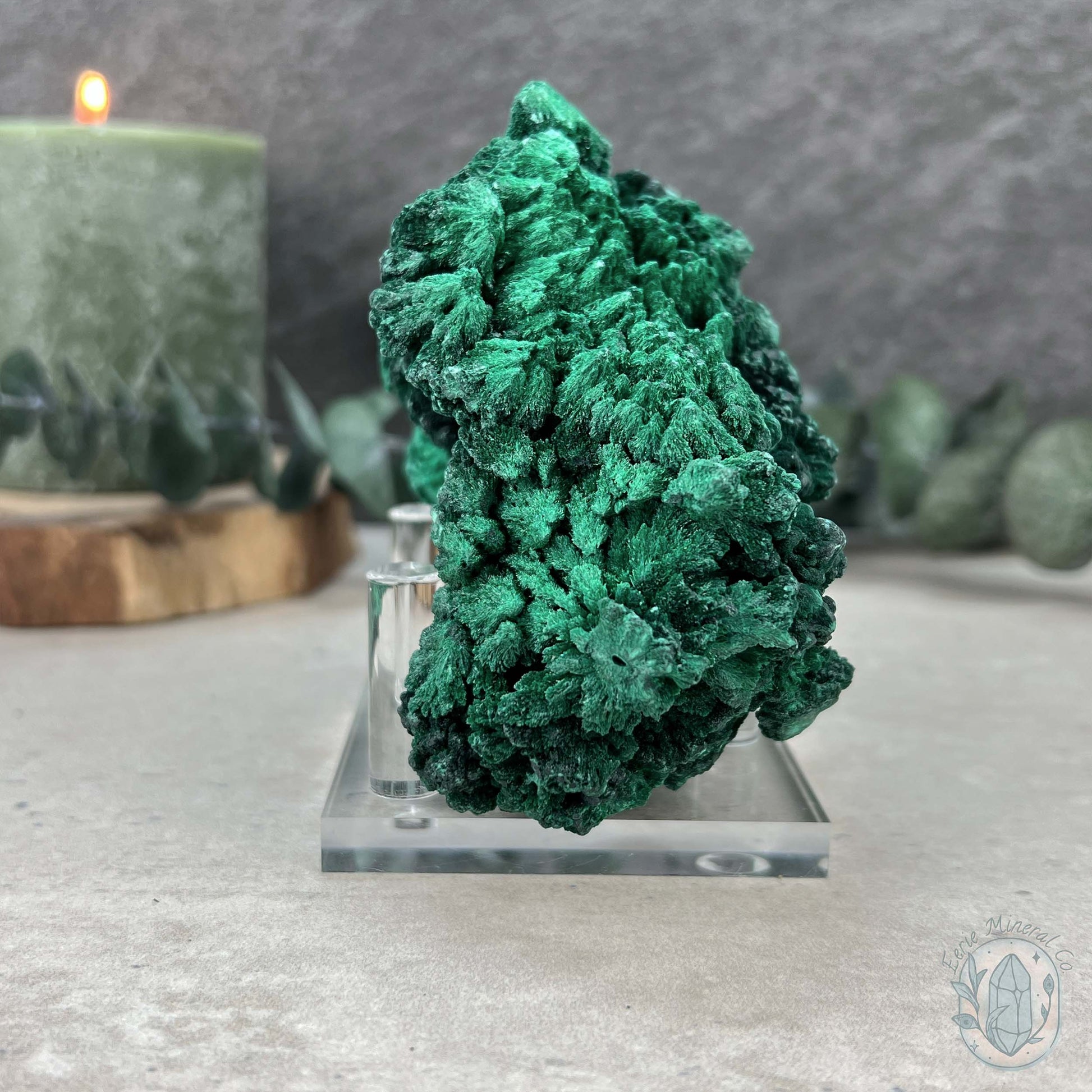 Natural Silky Velvet Malachite Specimen With Stand