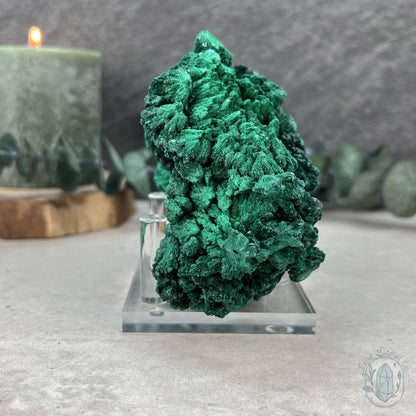 Natural Silky Velvet Malachite Specimen With Stand