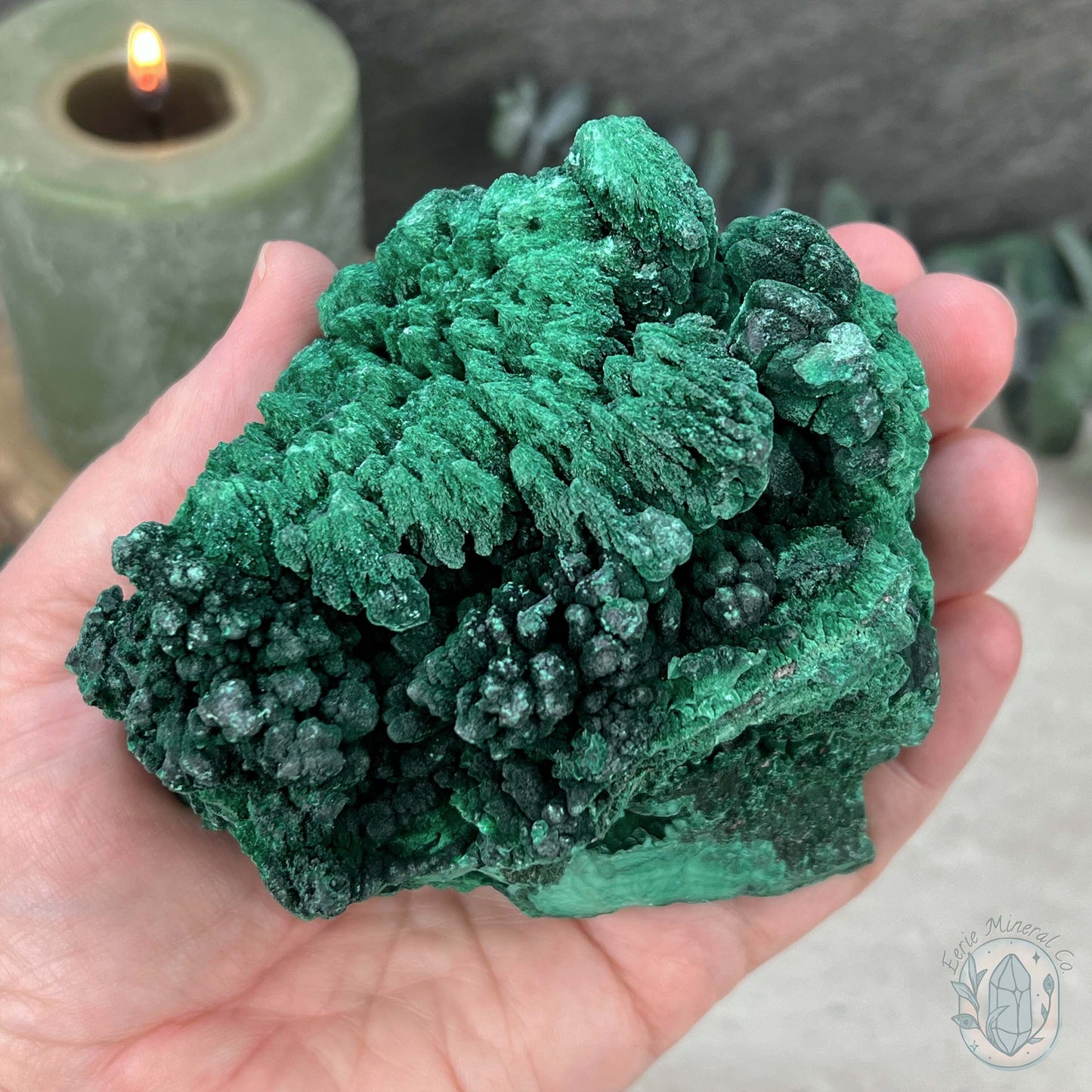 Natural Silky Velvet Malachite Specimen With Stand