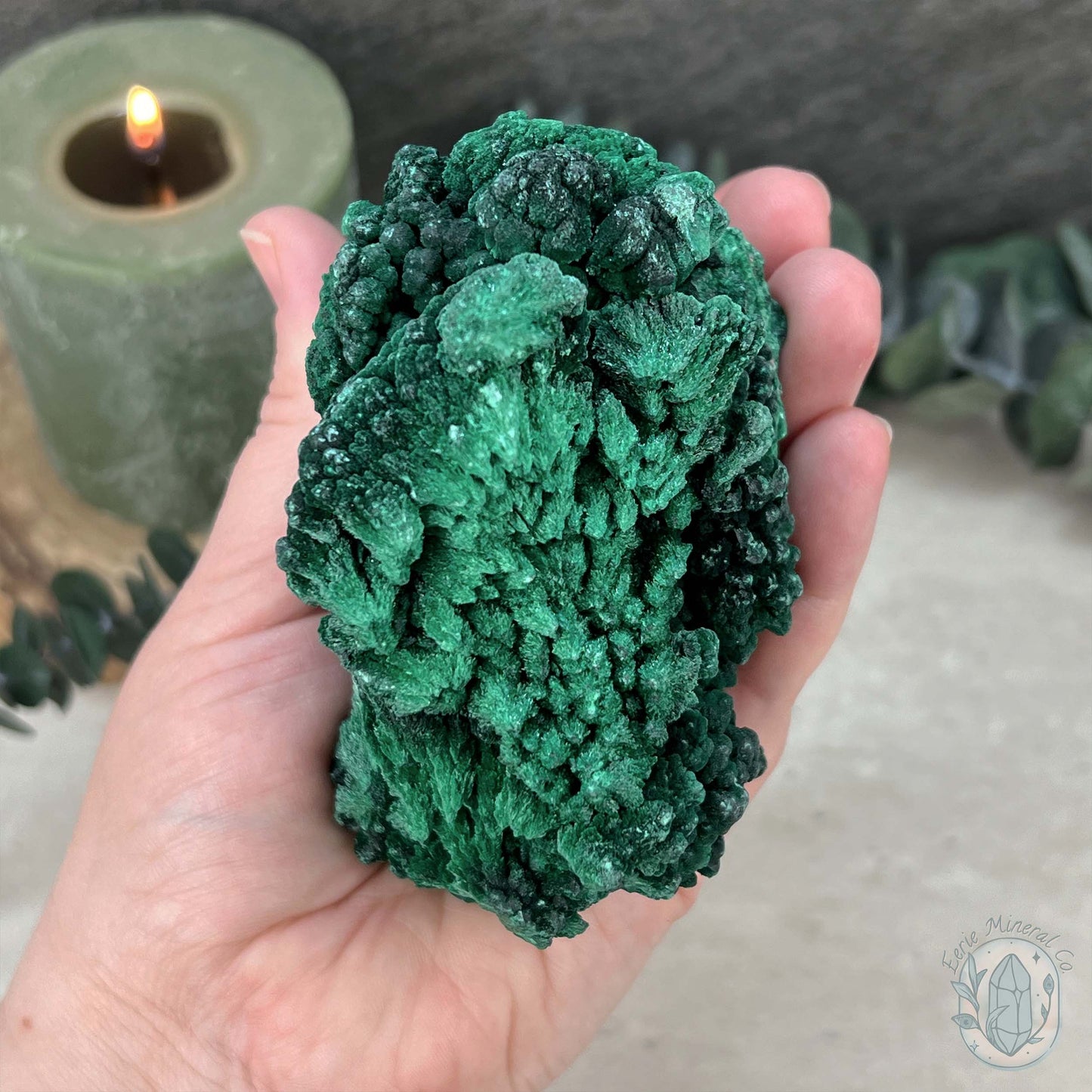 Natural Silky Velvet Malachite Specimen With Stand