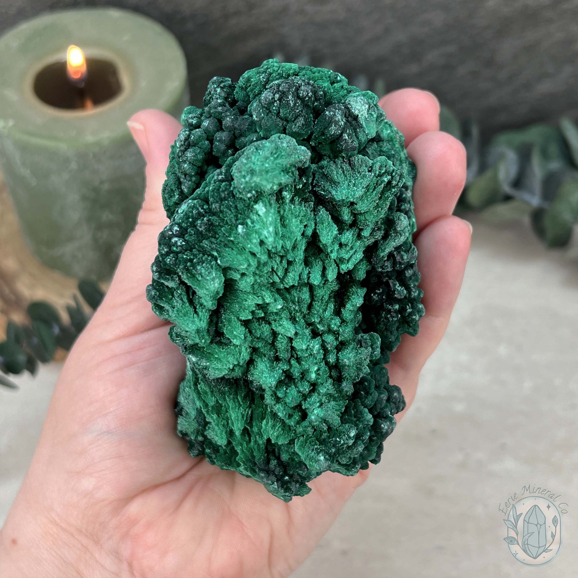 Natural Silky Velvet Malachite Specimen With Stand