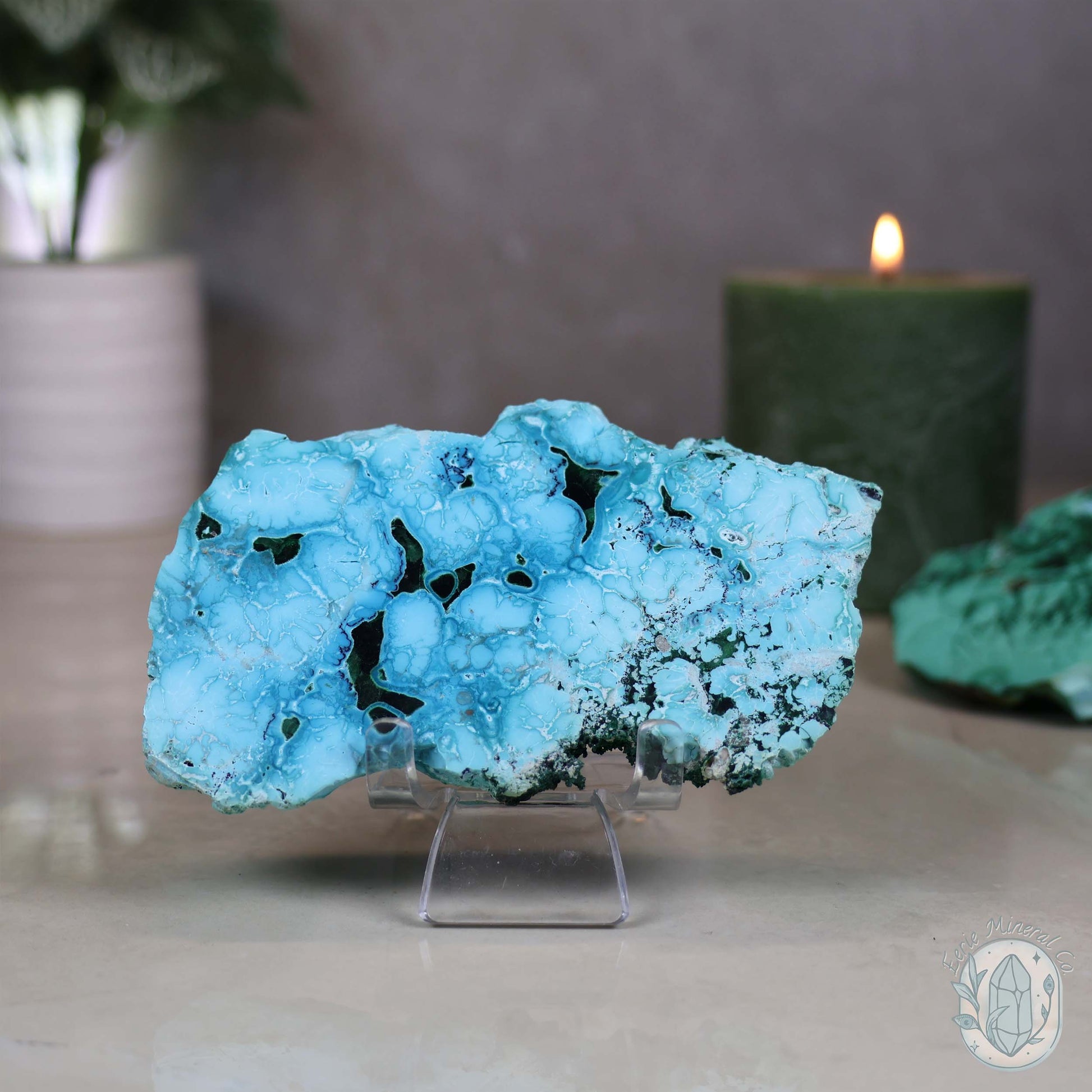 Polished Chrysocolla and Malachite Slab with Stand
