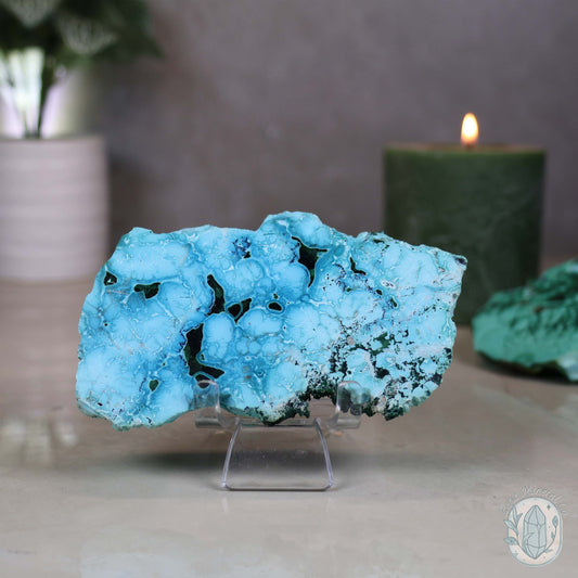 Polished Chrysocolla and Malachite Slab with Stand