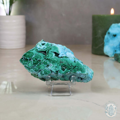 Polished Chrysocolla and Malachite Slab with Stand