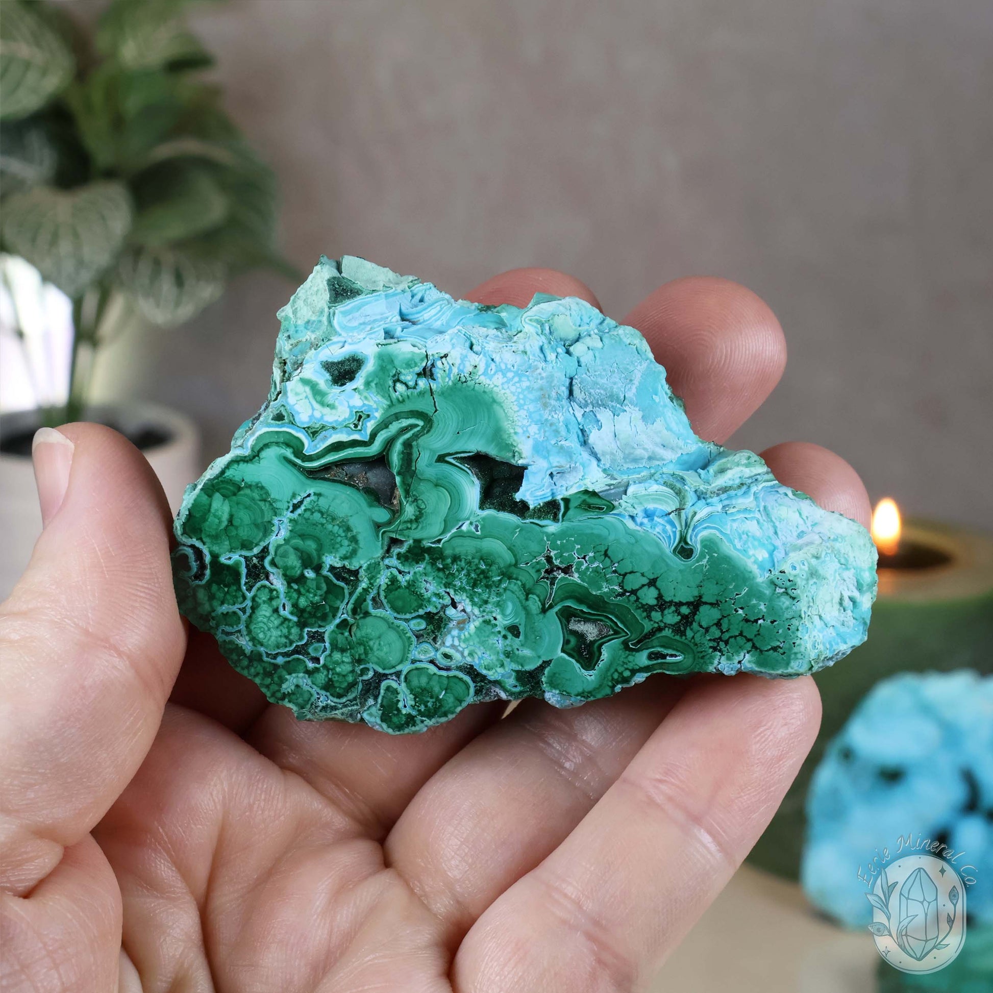 Polished Chrysocolla and Malachite Slab with Stand