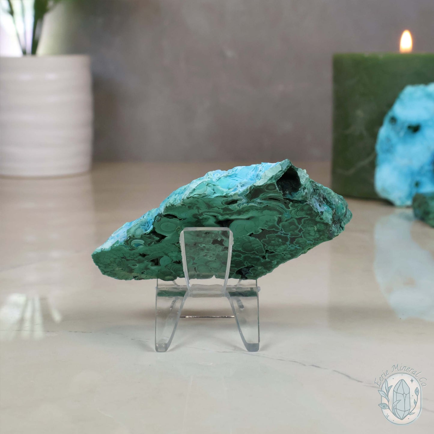 Polished Chrysocolla and Malachite Slab with Stand