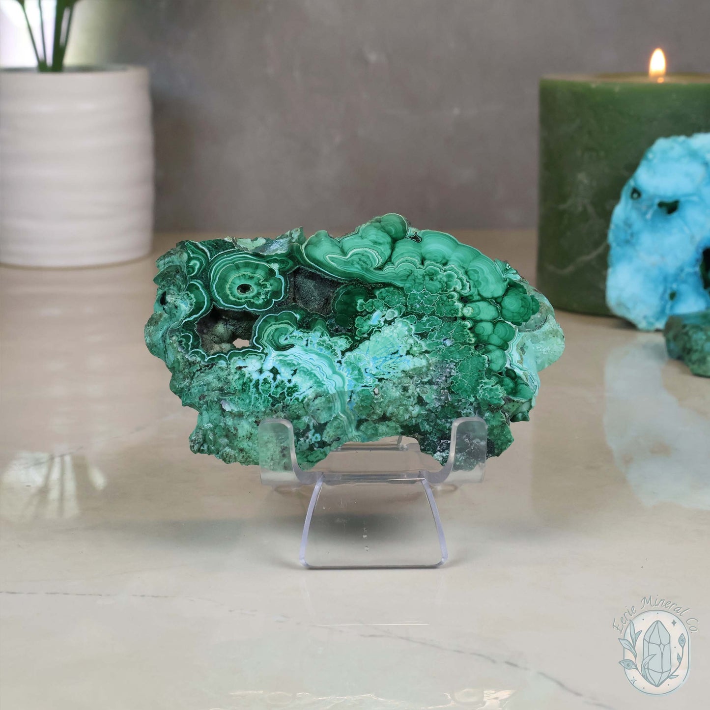 Polished Chrysocolla and Malachite Slab with Stand