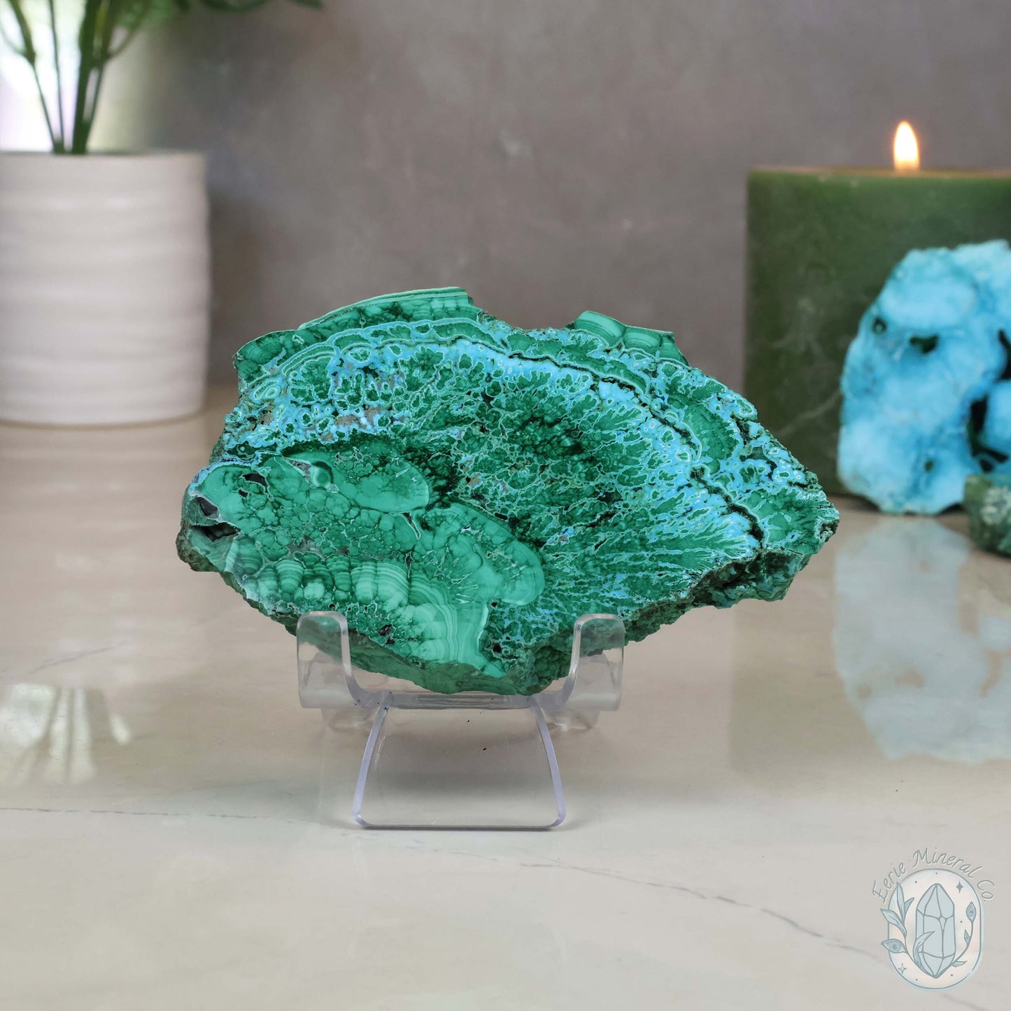 Polished Chrysocolla and Malachite Slab with Stand