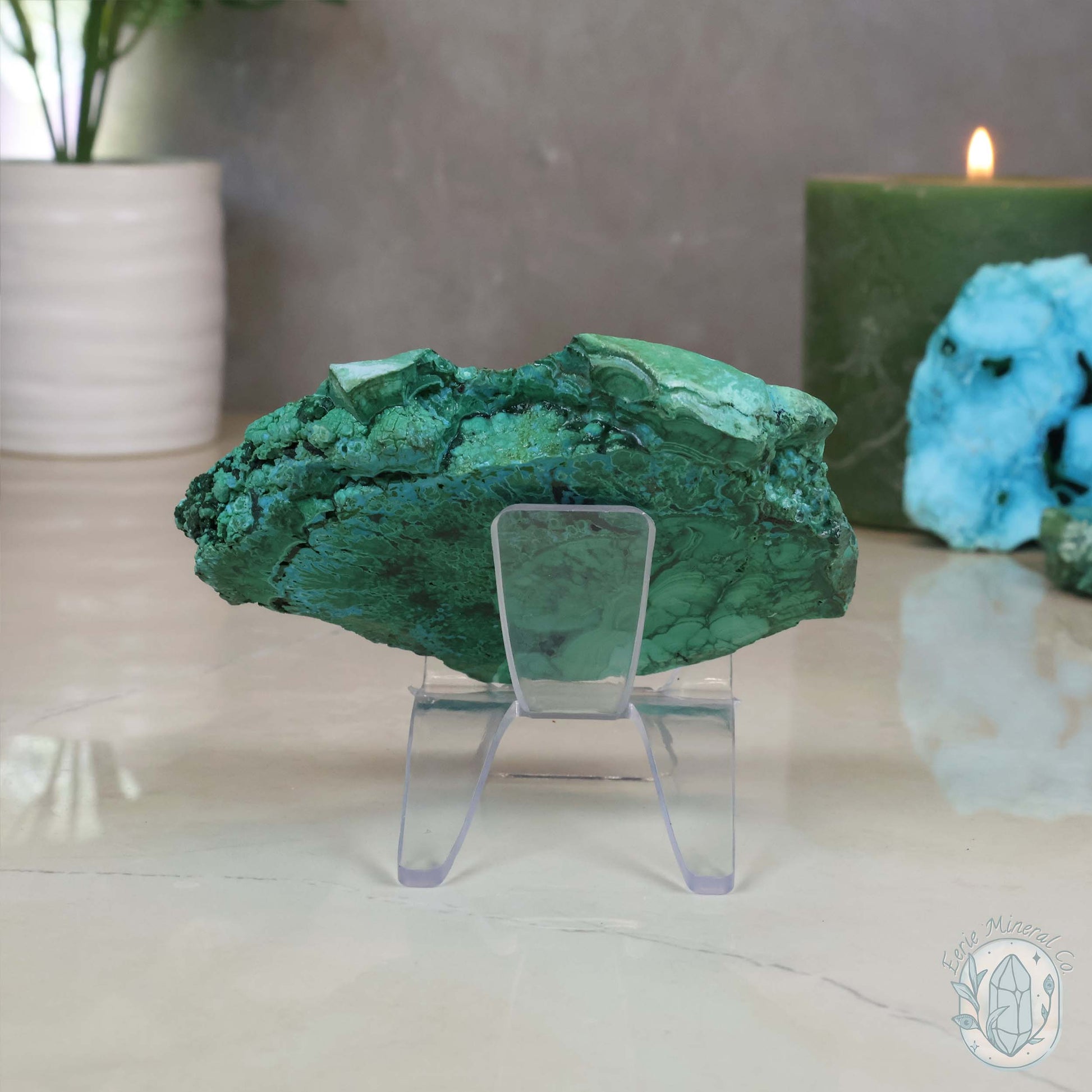 Polished Chrysocolla and Malachite Slab with Stand