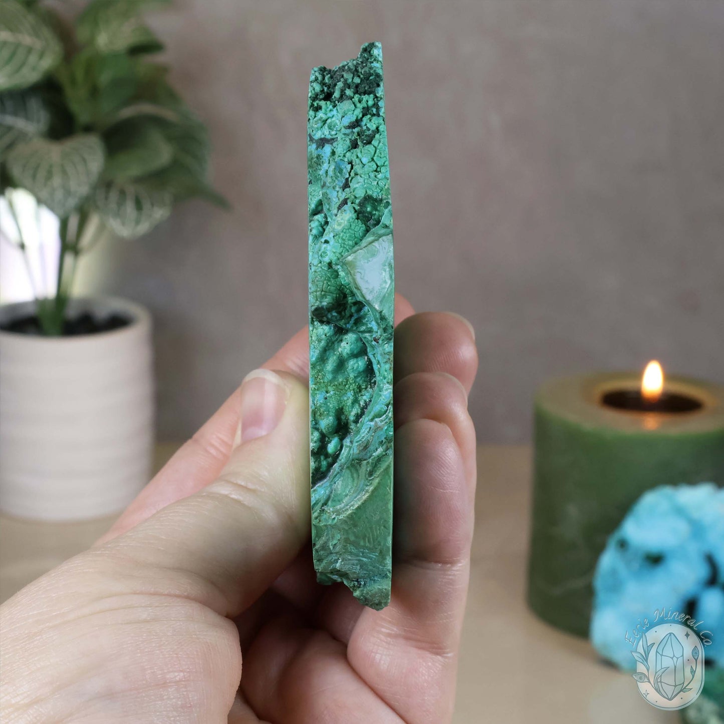 Polished Chrysocolla and Malachite Slab with Stand