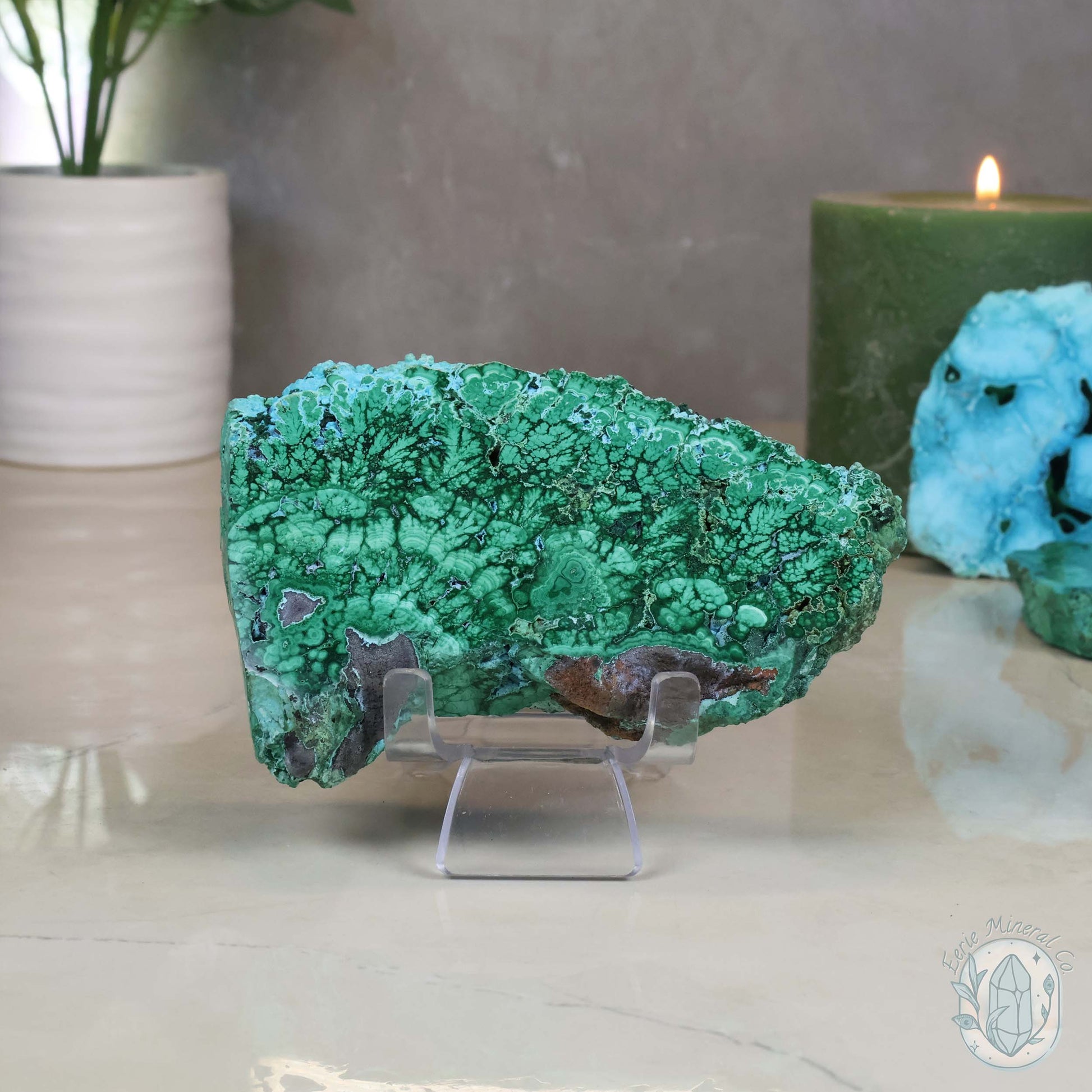 Polished Chrysocolla and Malachite Slab with Stand