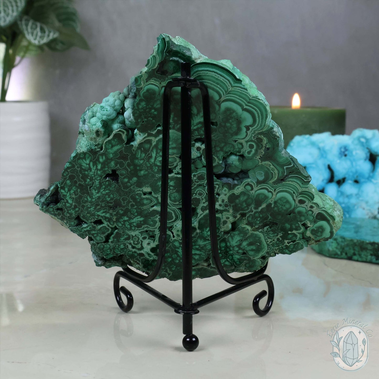 Polished Chrysocolla and Malachite Slab with Stand