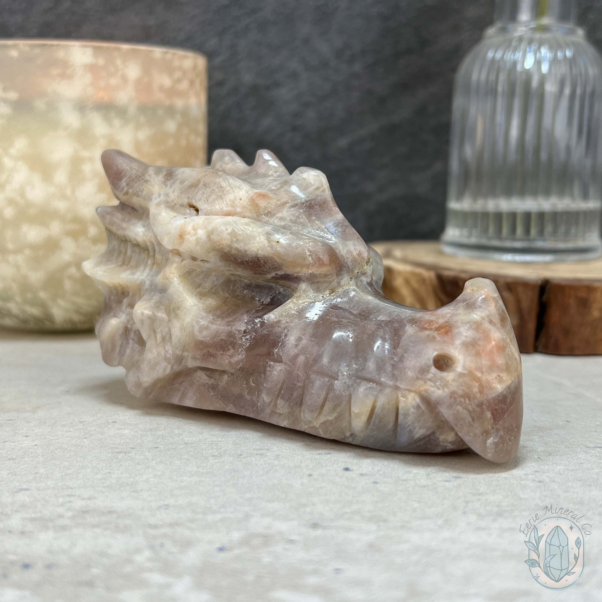 Blue & Gold Flash Peach Moonstone Dragon Head Carving