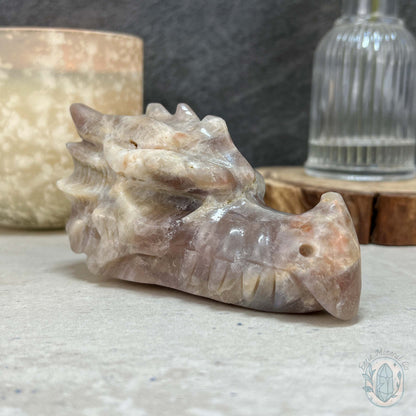 Blue & Gold Flash Peach Moonstone Dragon Head Carving