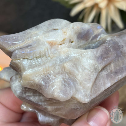 Blue & Gold Flash Peach Moonstone Dragon Head Carving