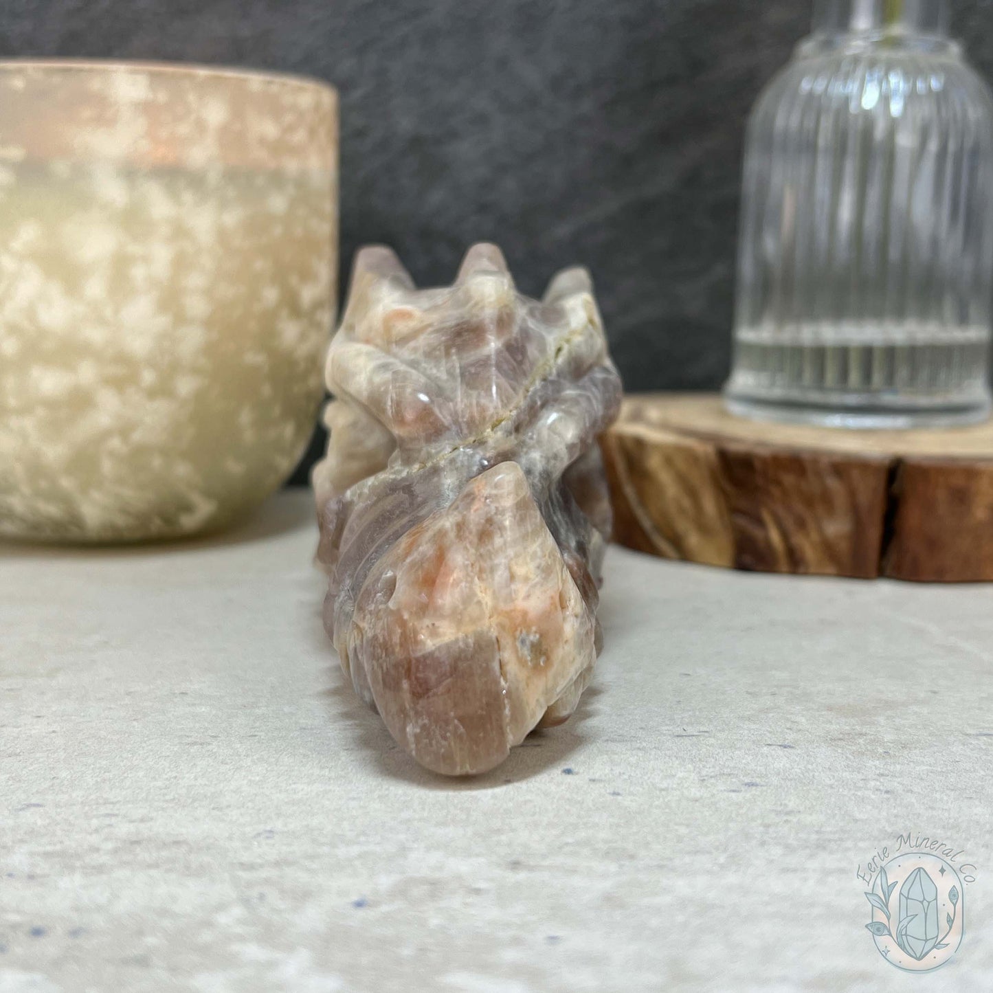 Blue & Gold Flash Peach Moonstone Dragon Head Carving