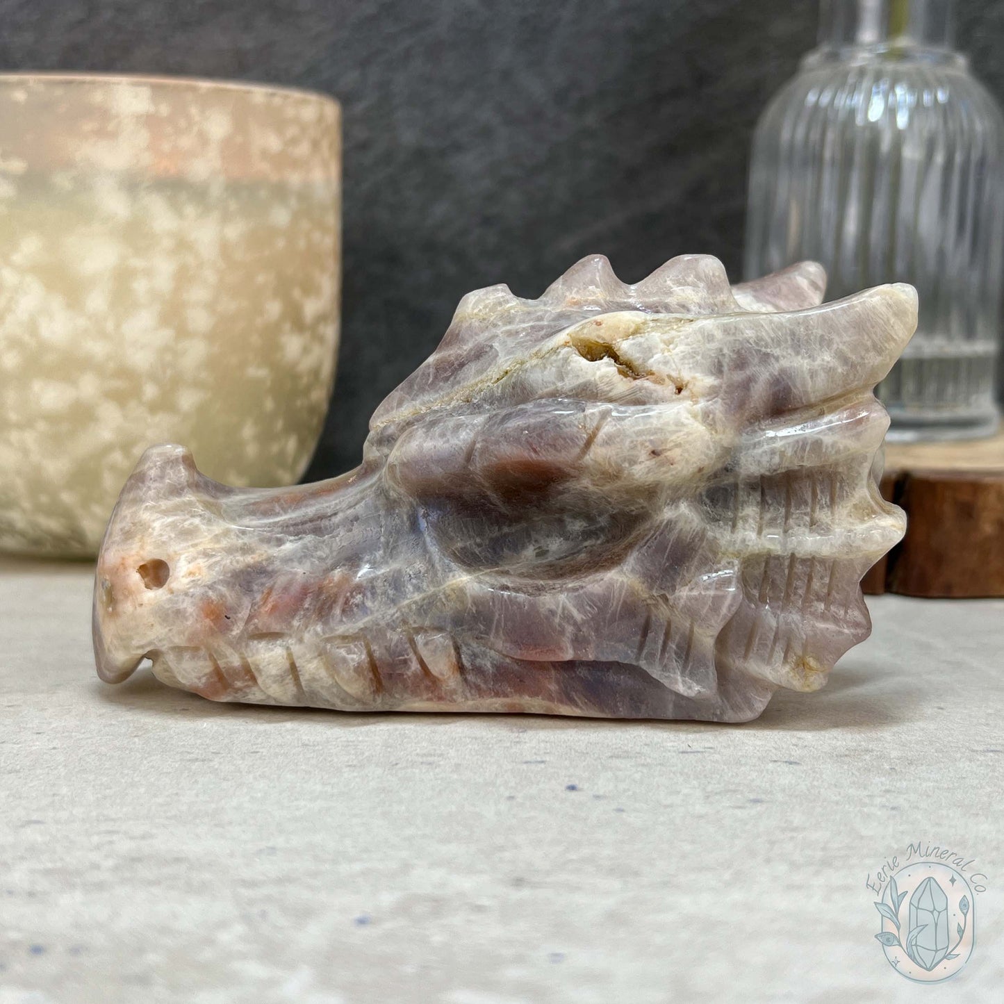 Blue & Gold Flash Peach Moonstone Dragon Head Carving