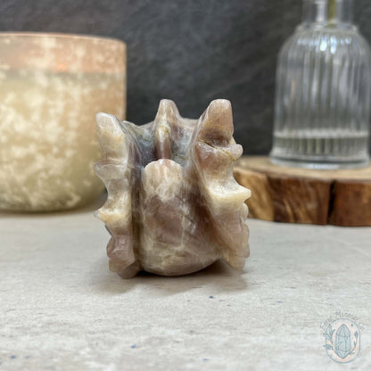 Blue & Gold Flash Peach Moonstone Dragon Head Carving