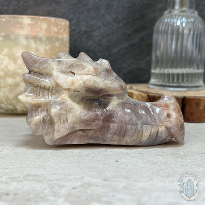 Blue & Gold Flash Peach Moonstone Dragon Head Carving