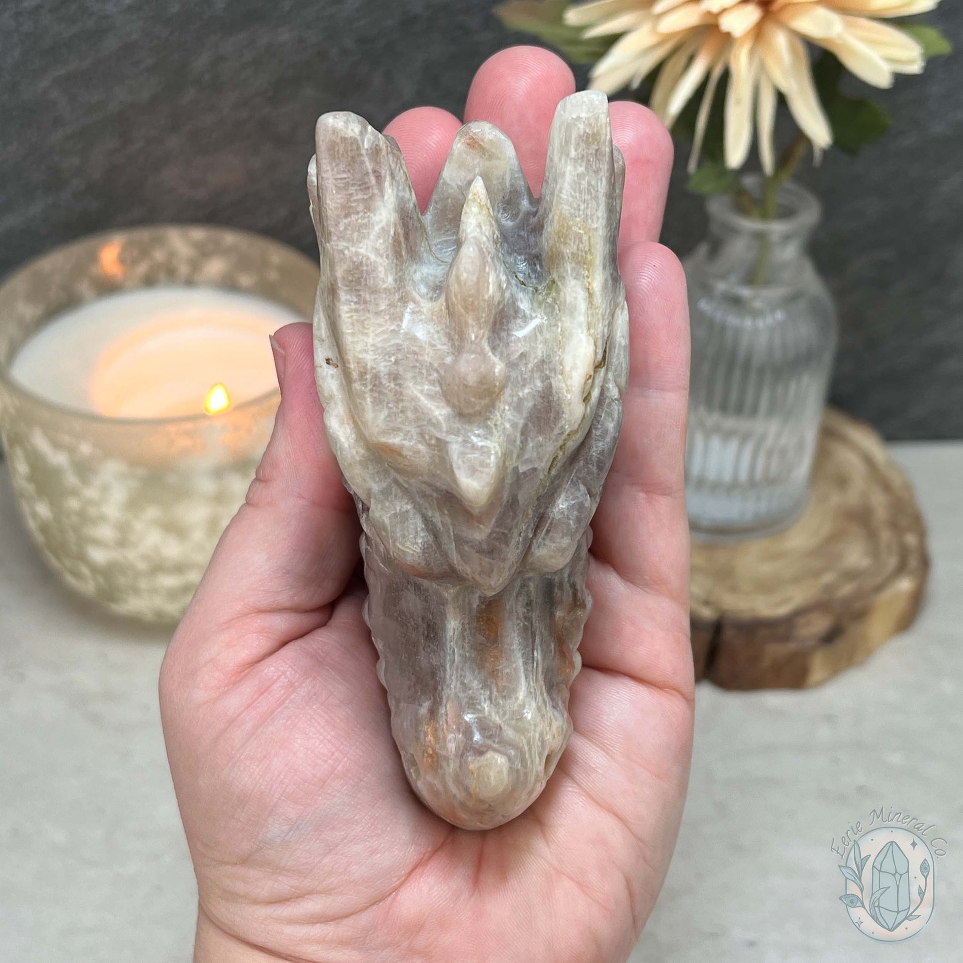 Blue & Gold Flash Peach Moonstone Dragon Head Carving