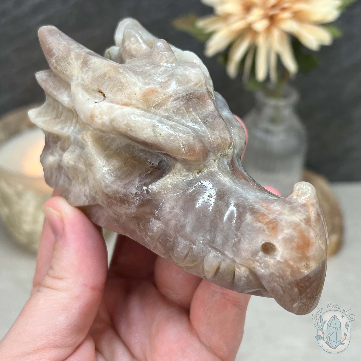 Blue & Gold Flash Peach Moonstone Dragon Head Carving