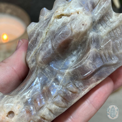 Blue & Gold Flash Peach Moonstone Dragon Head Carving