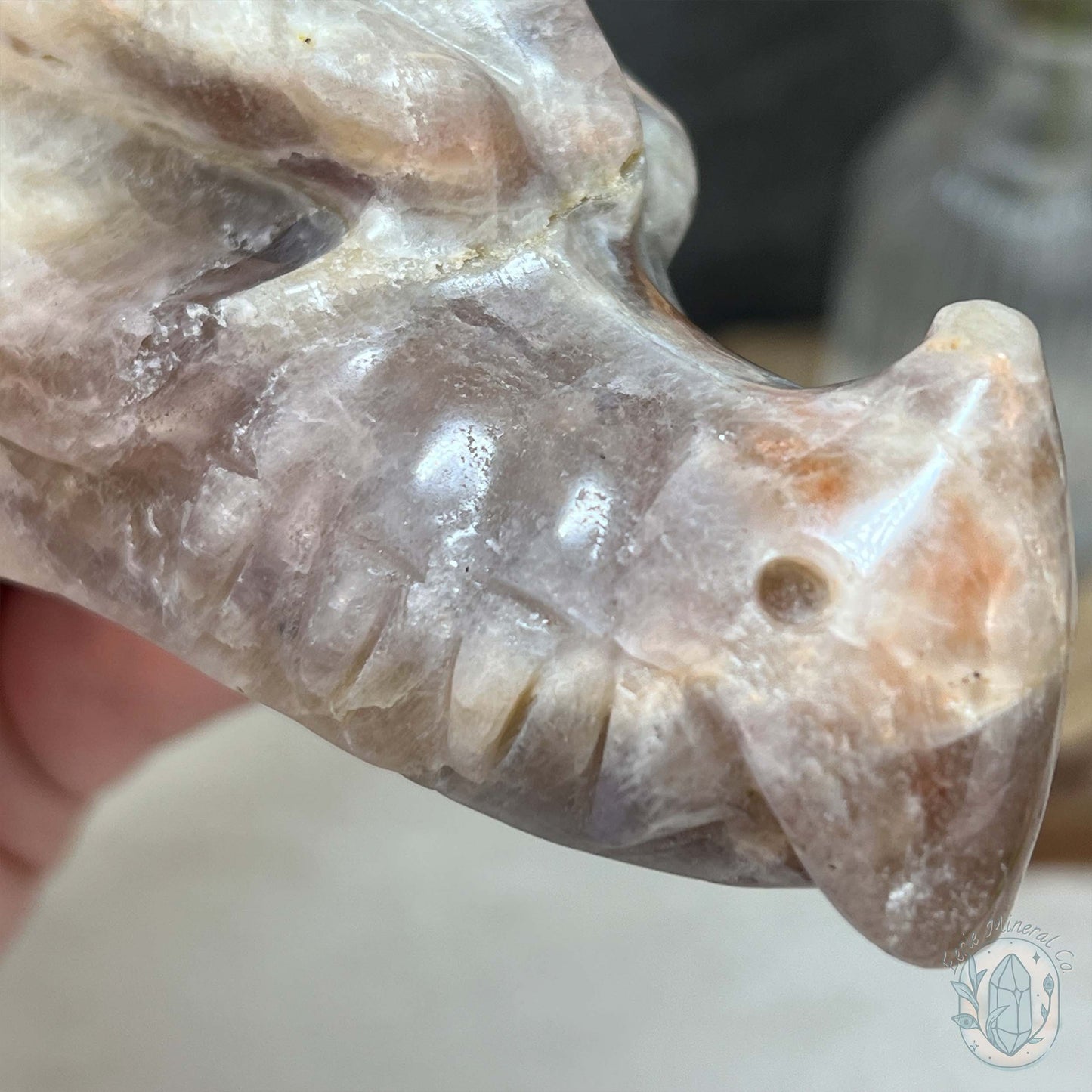 Blue & Gold Flash Peach Moonstone Dragon Head Carving