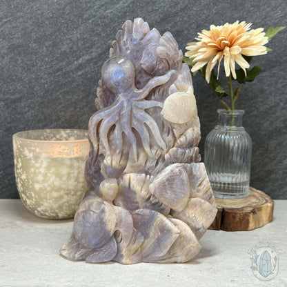 Blue Flash Peach Moonstone Ocean Life Stone Carving