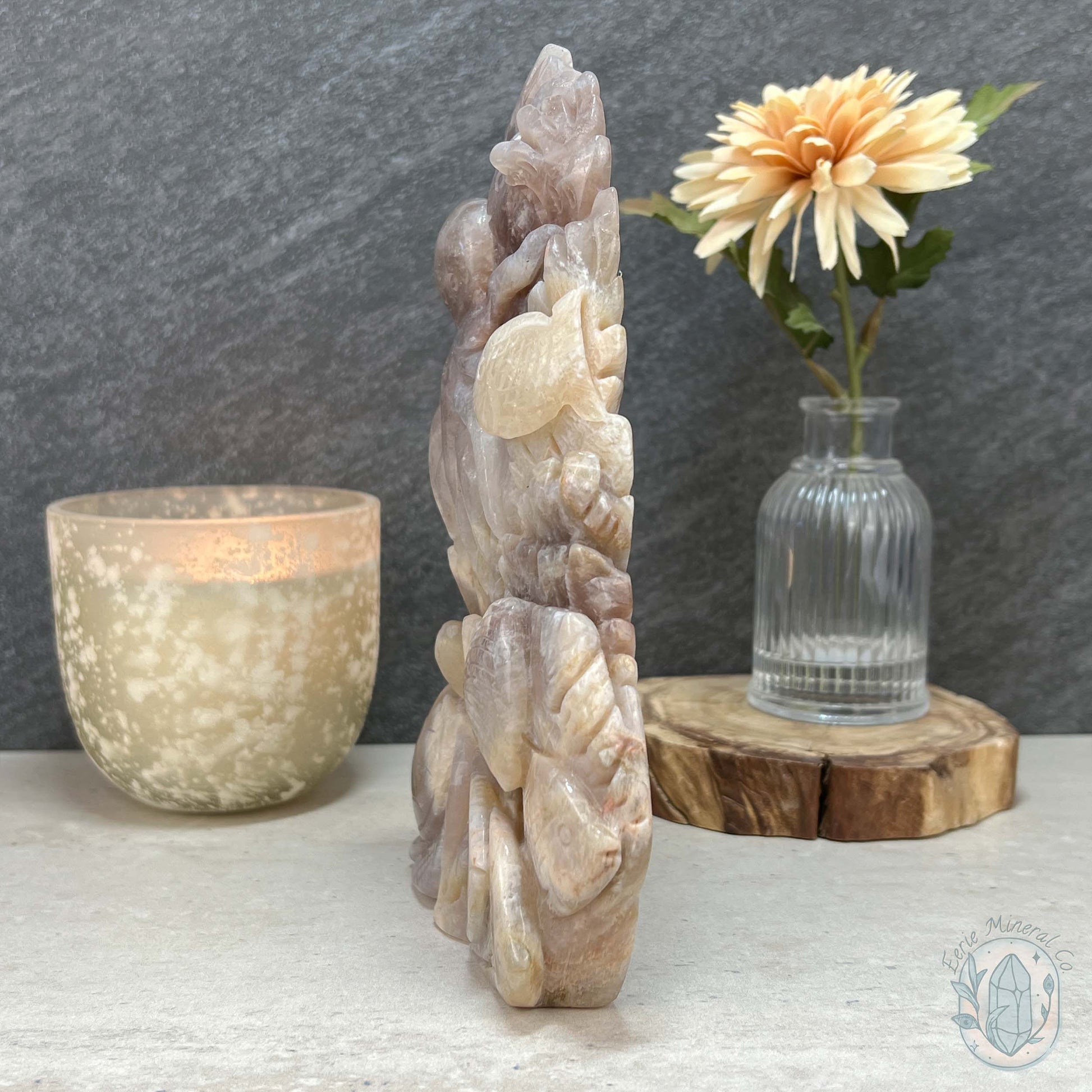 Blue Flash Peach Moonstone Ocean Life Stone Carving