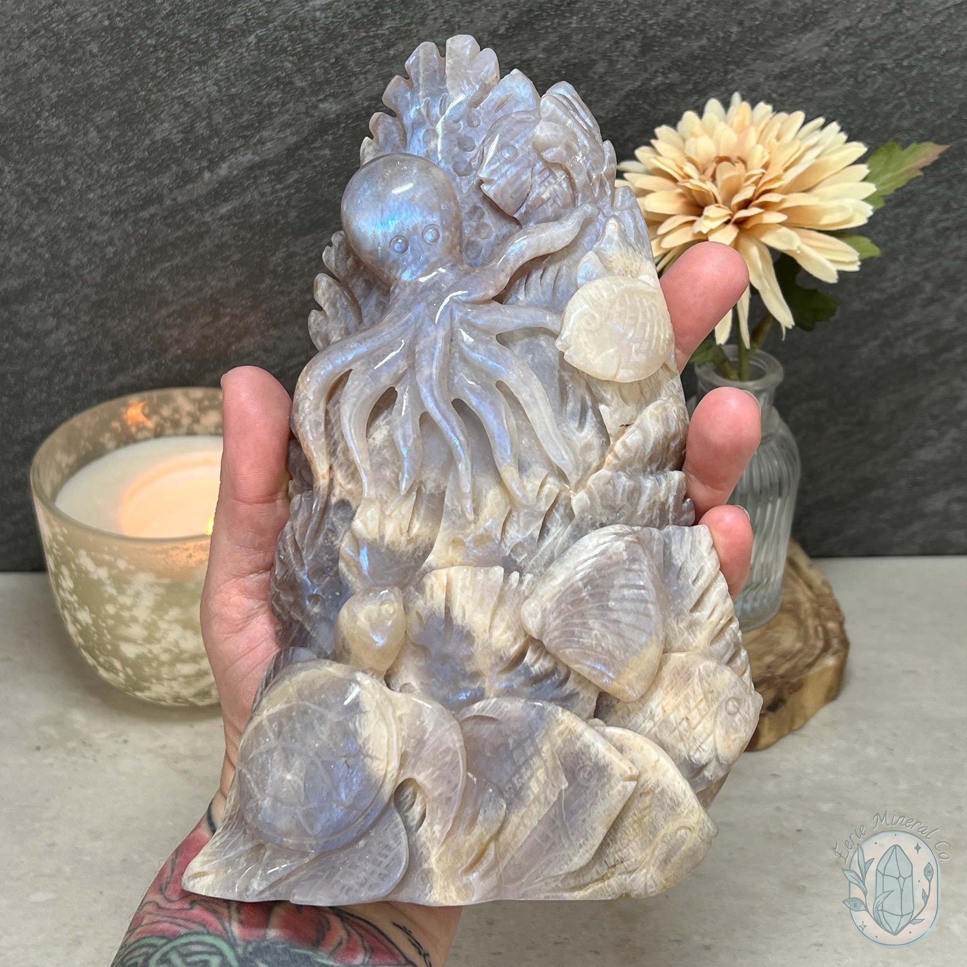 Blue Flash Peach Moonstone Ocean Life Stone Carving