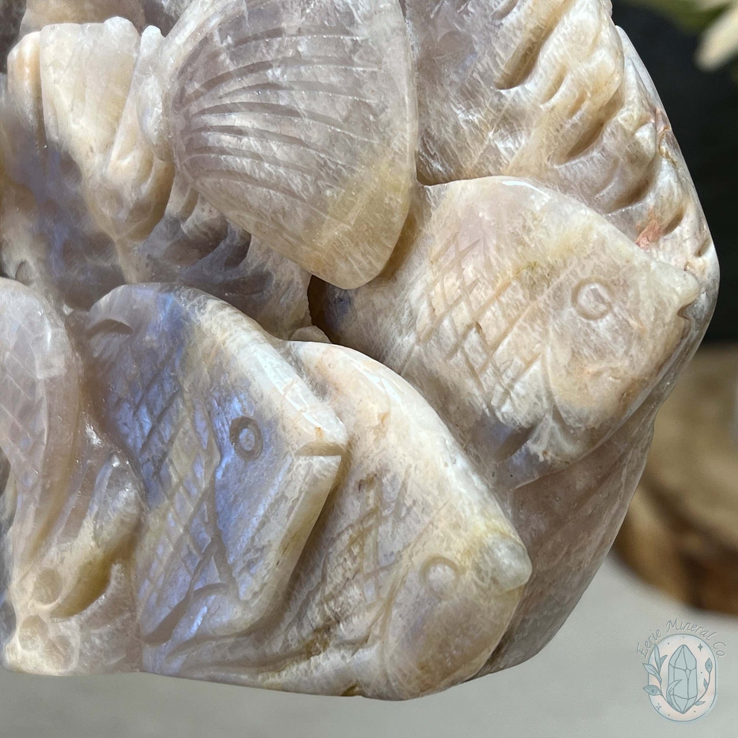 Blue Flash Peach Moonstone Ocean Life Stone Carving