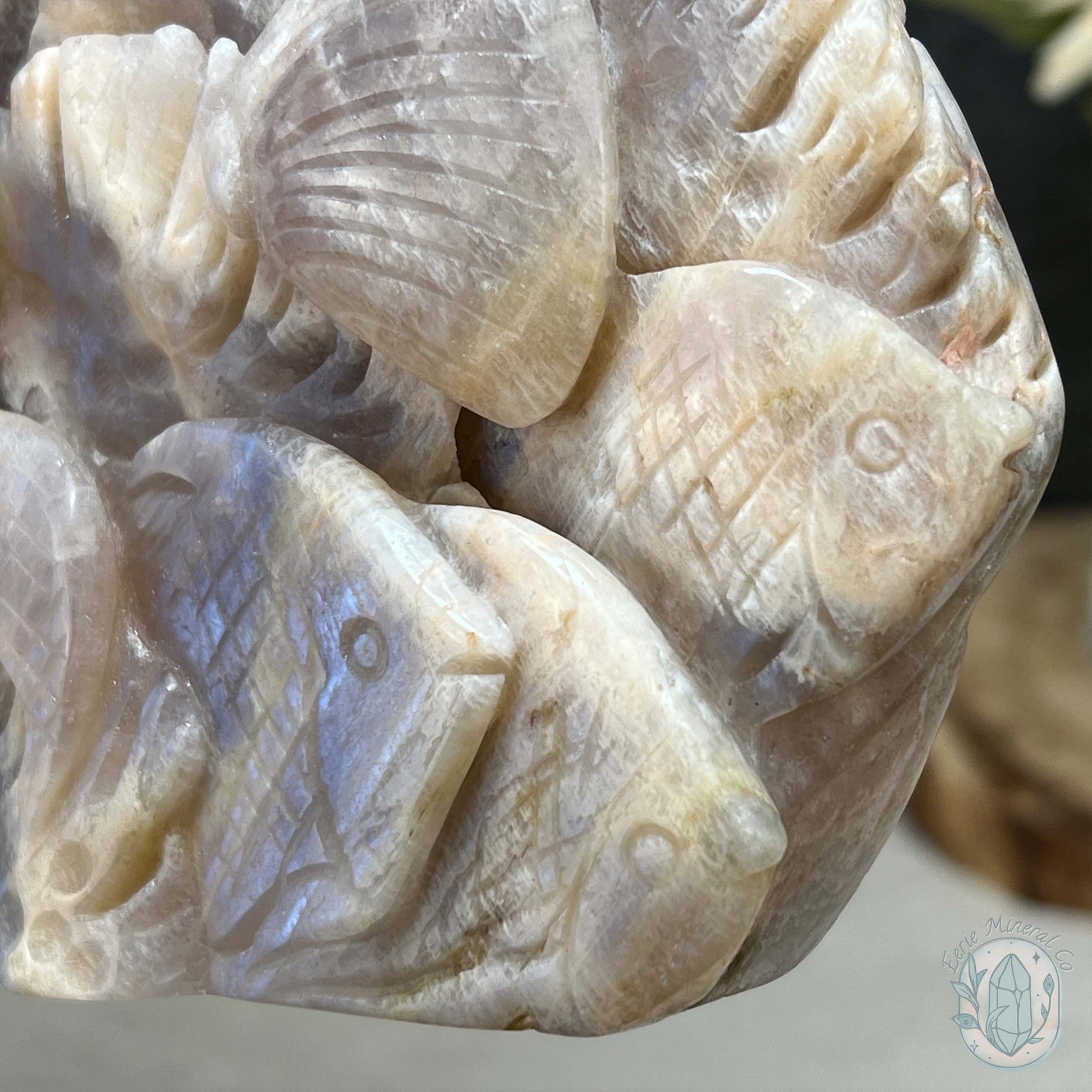 Blue Flash Peach Moonstone Ocean Life Stone Carving