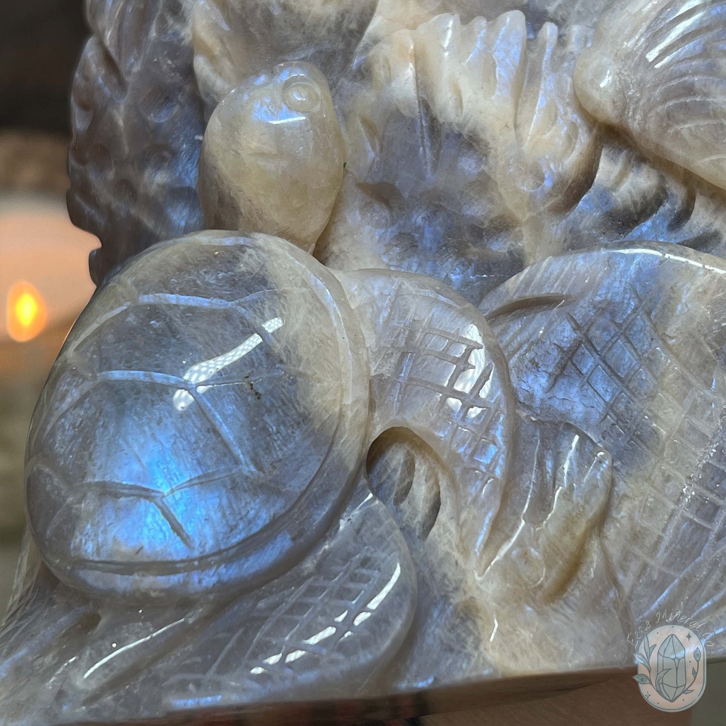 Blue Flash Peach Moonstone Ocean Life Stone Carving