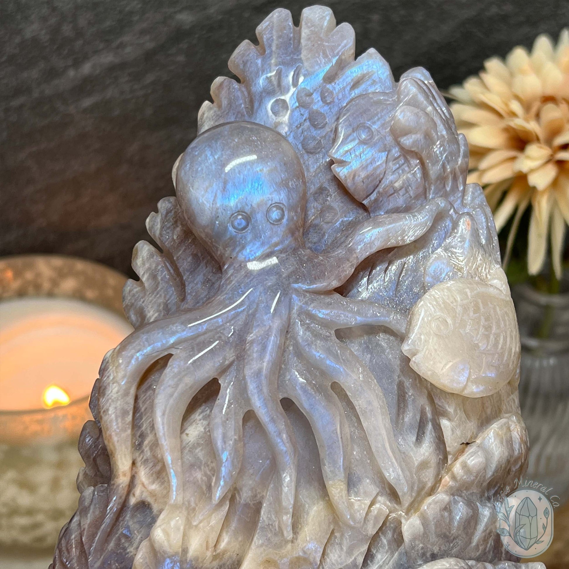 Blue Flash Peach Moonstone Ocean Life Stone Carving
