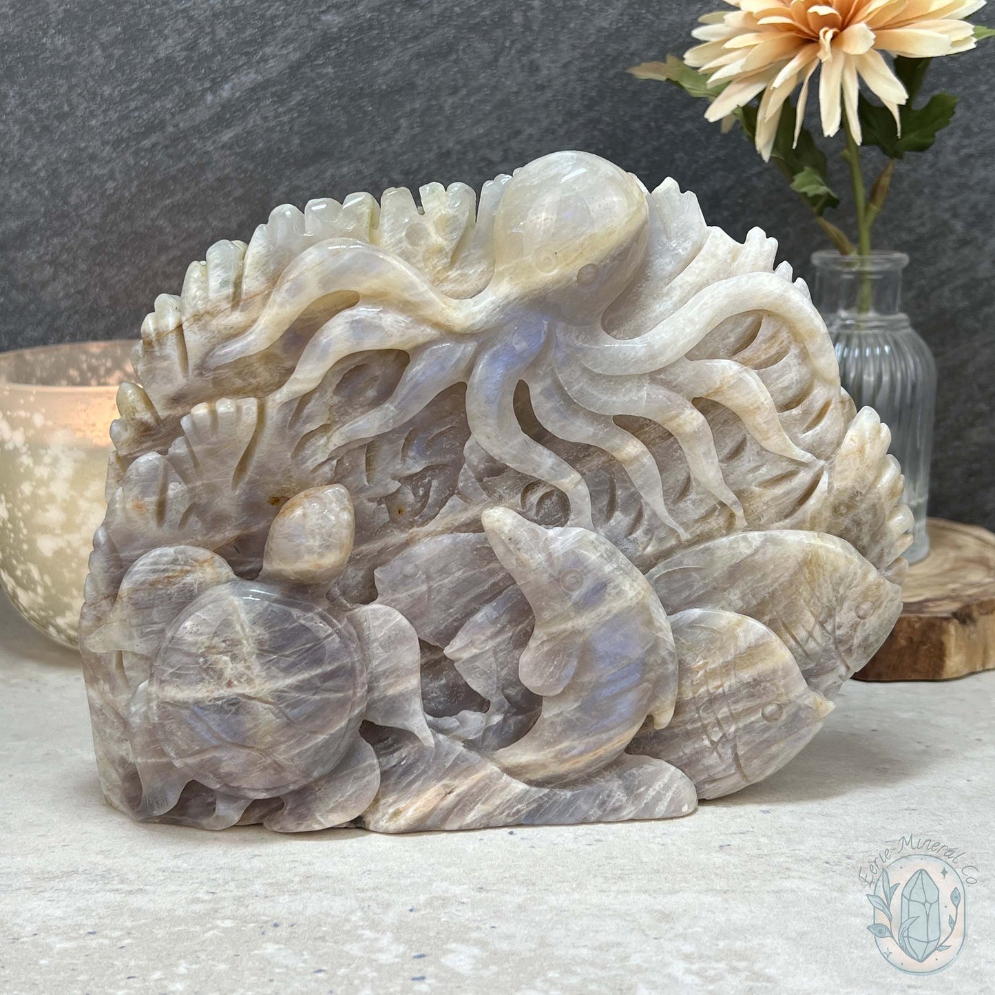 Blue Flash Peach Moonstone Ocean Life Stone Carving