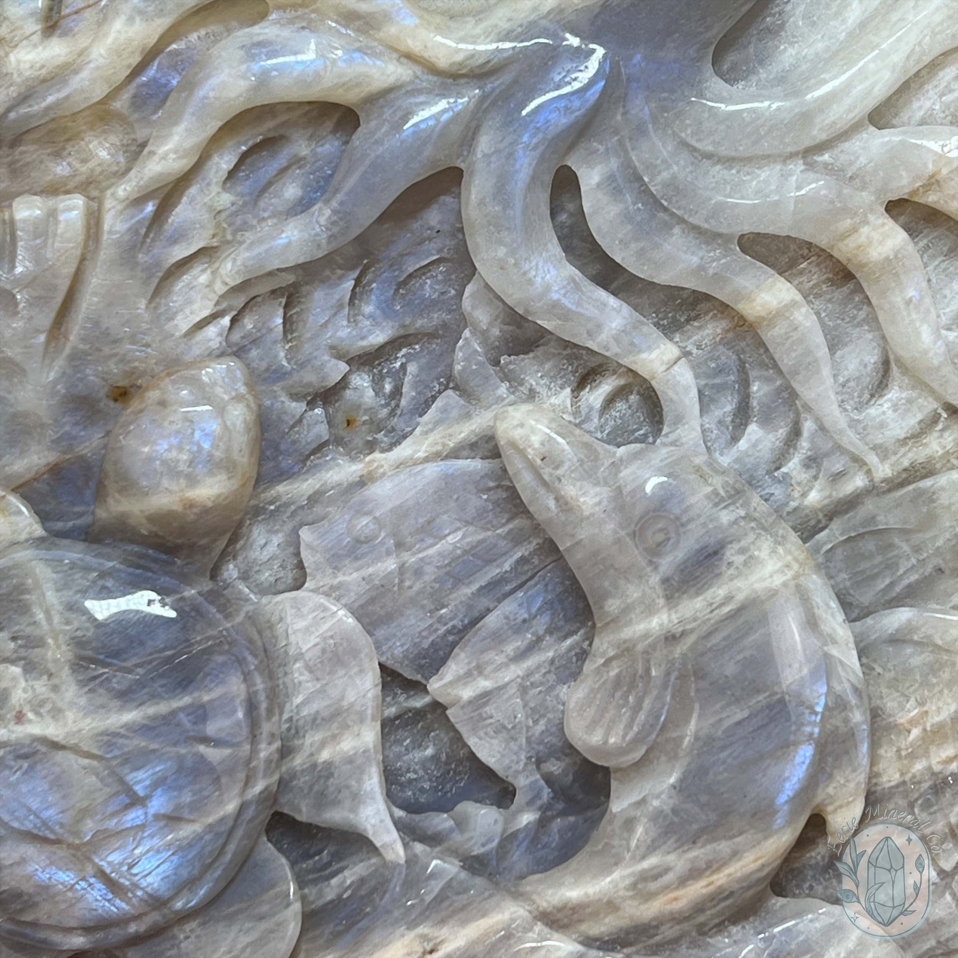 Blue Flash Peach Moonstone Ocean Life Stone Carving