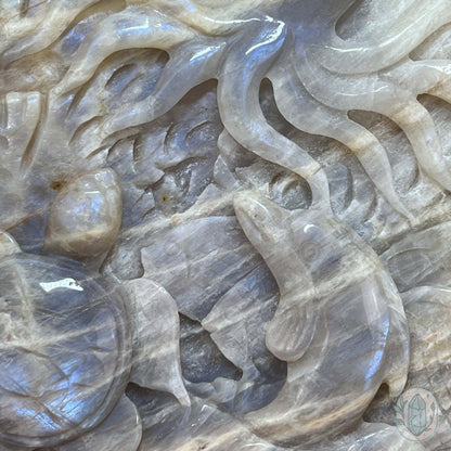 Blue Flash Peach Moonstone Ocean Life Stone Carving