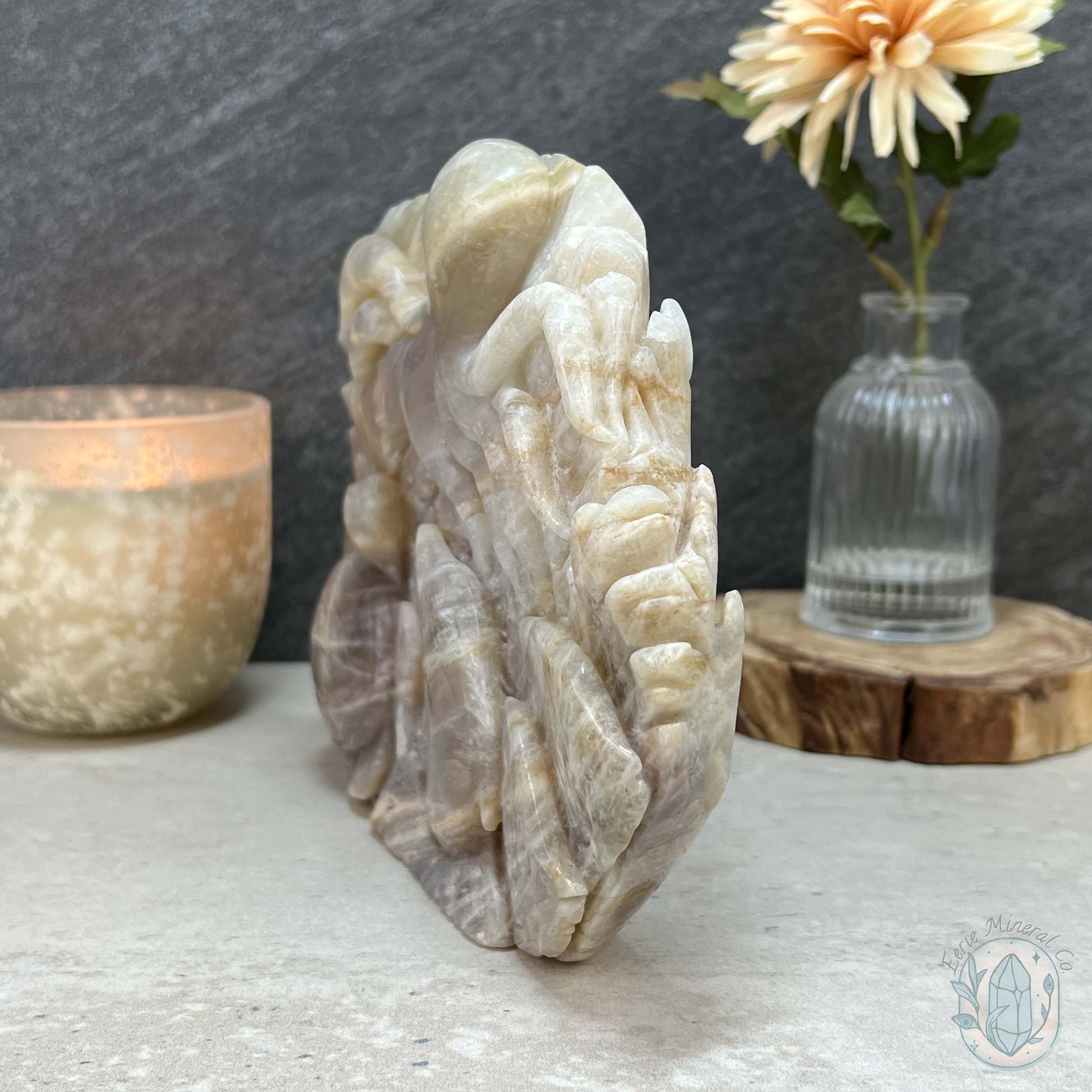 Blue Flash Peach Moonstone Ocean Life Stone Carving