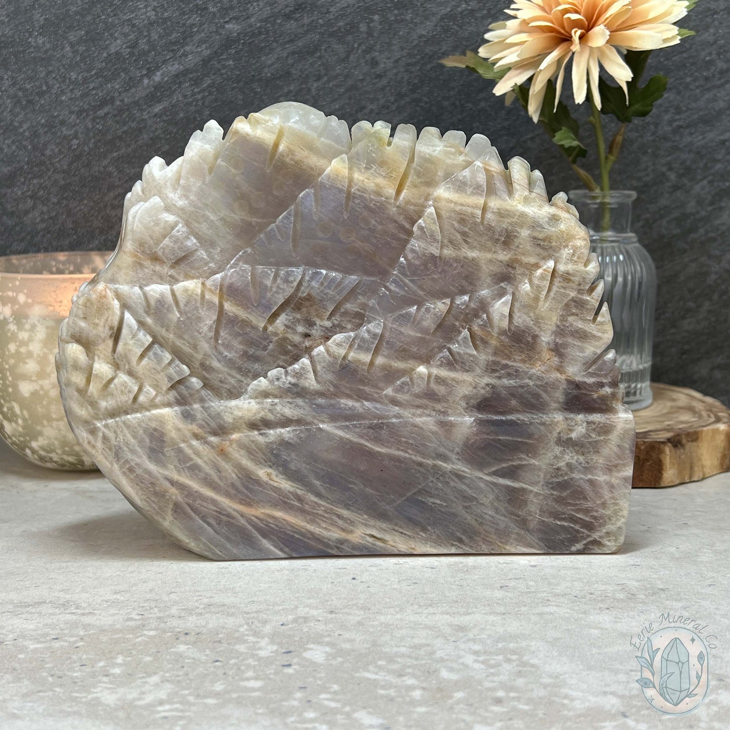 Blue Flash Peach Moonstone Ocean Life Stone Carving