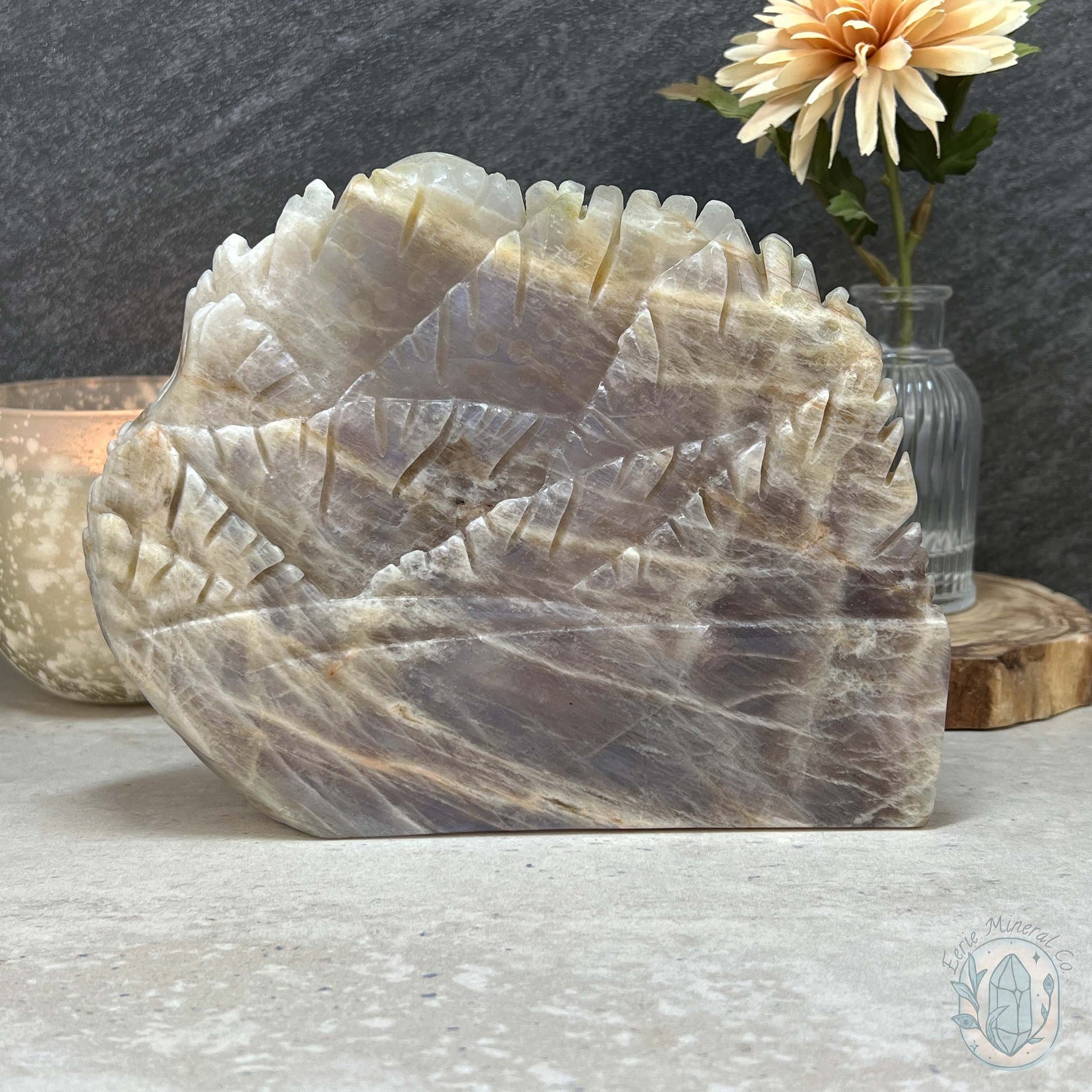 Blue Flash Peach Moonstone Ocean Life Stone Carving
